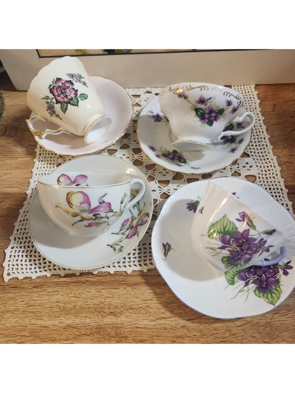 Purples & Pinks Mismatched China Tea Cups & Saucers Tea Party 4 Sets